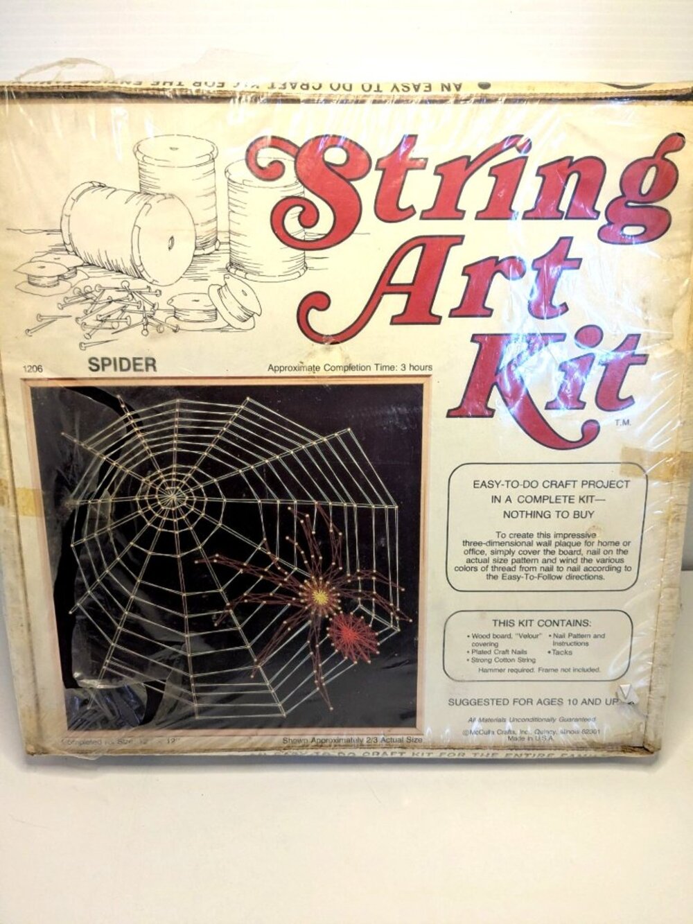 Vtg. McCulla Crafts Spider String Art Kit MCM Velour Wood Board Supplies Scarce!